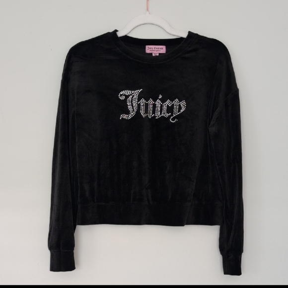 Vintage Y2K Juicy Couture Bling Rhinestone Velour Soft Black Cropped Shirt Med - Picture 7 of 7